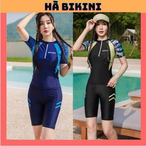 Sẵn HCM[Size M,L,XL] Sét đồ bơi nữ bikini 2 mảnh tay ngắn quần lững kín đáo cao cấp,co giãn thoải mái, HÀ BIKINI HT022