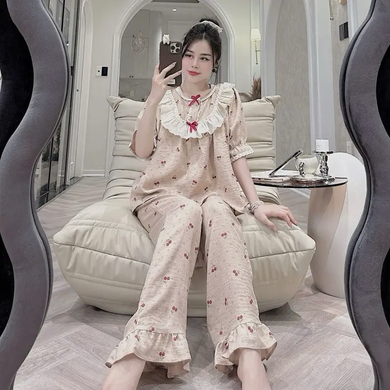 A05 BỘ ĐŨI PIZAMA CỔ BÈO PHỐI NƠ TIỂU THƯ