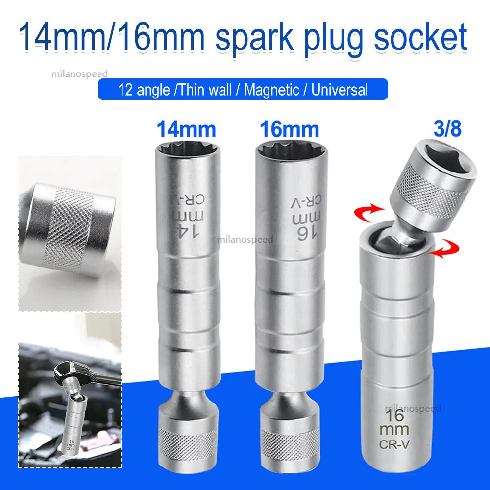 Kunci Pas Soket Busi Mobil Universal 3/8 "Soket Magnetik 12-Point Angle Busi Dinding Tipis Alat Pelepas Busi Mobil 14mm 16mm CR-V/Kunci Pas Lengan Busi
