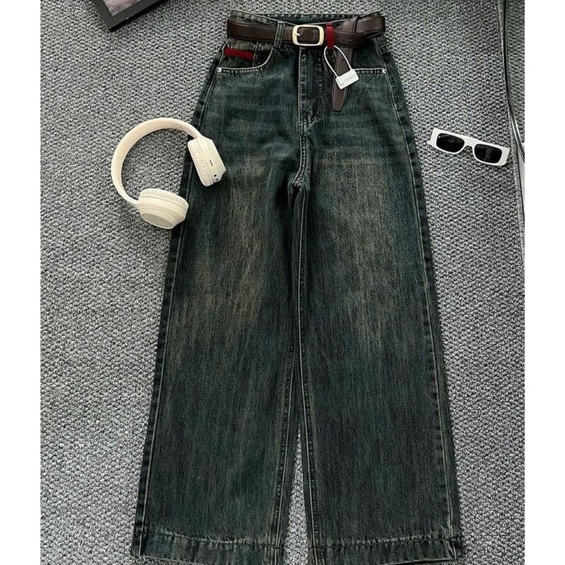 868 BIGGSIZE quần jeans suông nữ cạp cao quần jeans ống rộng may gấu cao