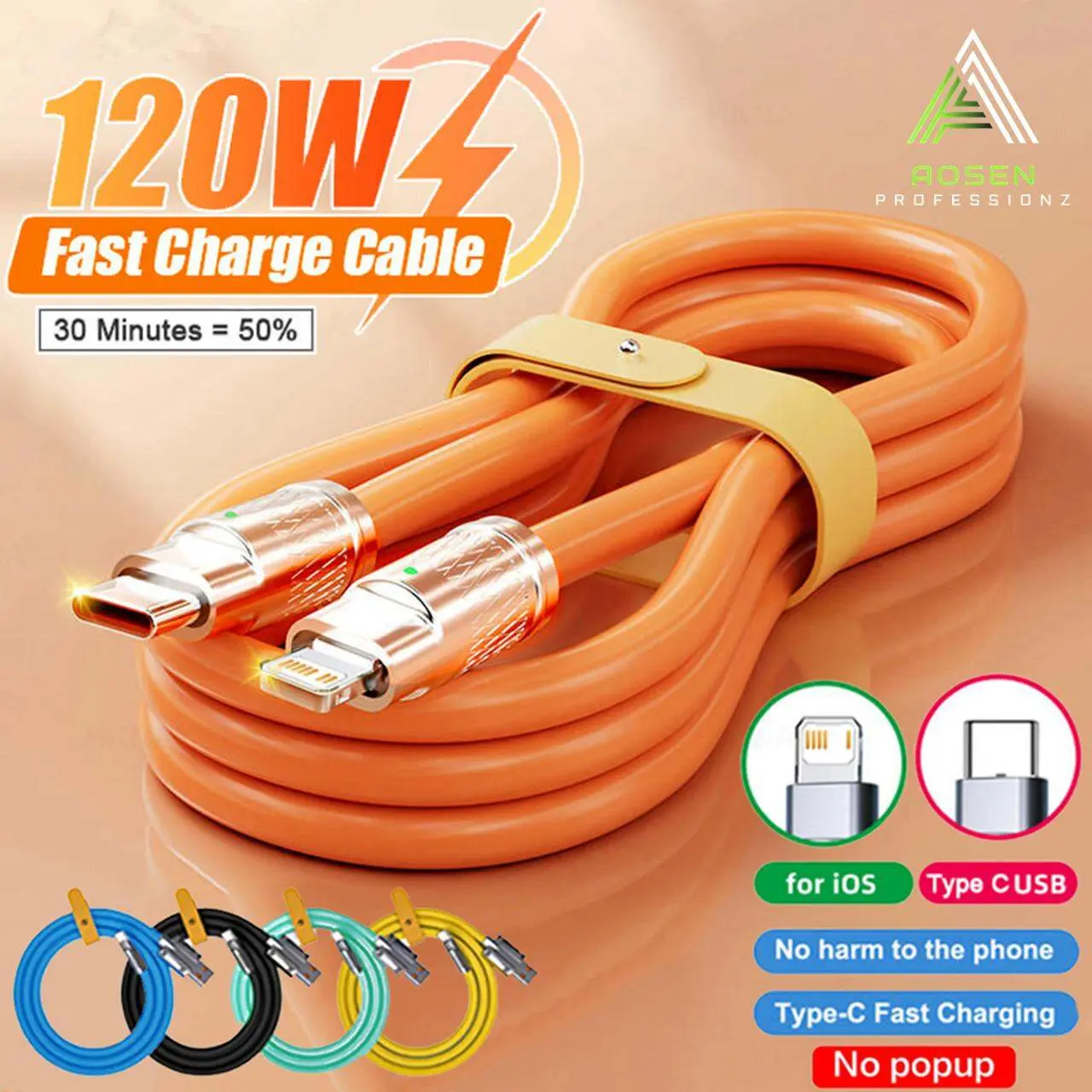 [New] 120W 6A super fast charging cable micro USB Android cable lightning portable cable adapter for iPhone Type-C charging 4 ports USB UK plug universal fast charging