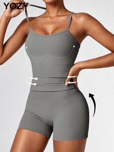 YOZY-GOOO Two-Piece Set Women's Solid Cut Out Backless Halter Top & High Waist Shorts, Casual Crop Cami Top & Skinny Shorts for Daily Outdoor Wear, Ladies Clothes for All Seasons