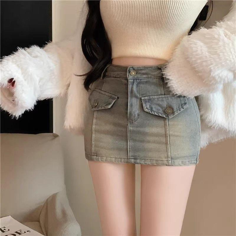Chân Váy Bodycon Denim, Cô Gái Nóng Bỏng Mỹ, Chân Váy Nữ Mùa Hè, Chân Váy Chữ A, Chân Váy Bó Sát Gợi Cảm, Quần Chống Lộ, Thích Hợp Cho Nữ Women Khuy 1