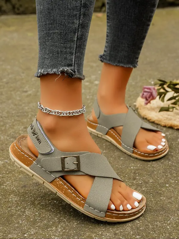 Women's Solid Color Criss Cross Strap Slip on Sandals, Casual Comfortable Buckle Flat Sandals for Summer, Female Pu Leather Shoes for Daily Wear 5