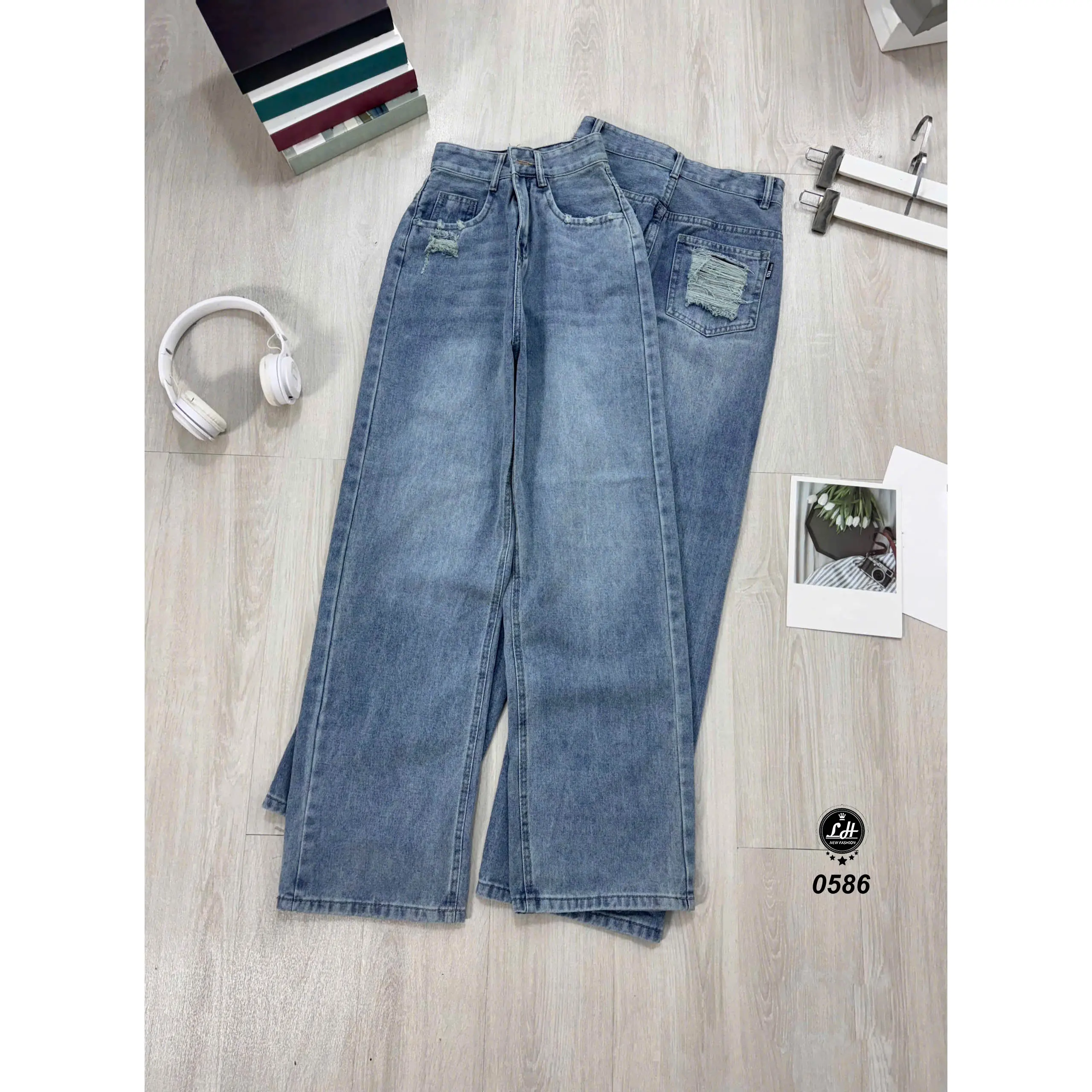 Quần jean nữ ống rộng màu xanh rách túi trước sau cạp cao một nút KimAnhJeans MS 0586