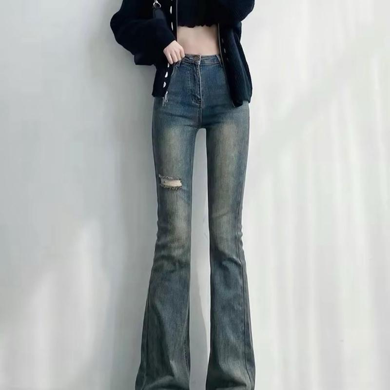 CH07 - Quần jean nữ ống loe rách gối cạp cao co giãn màu sắc mới lạ Women, quần  bò