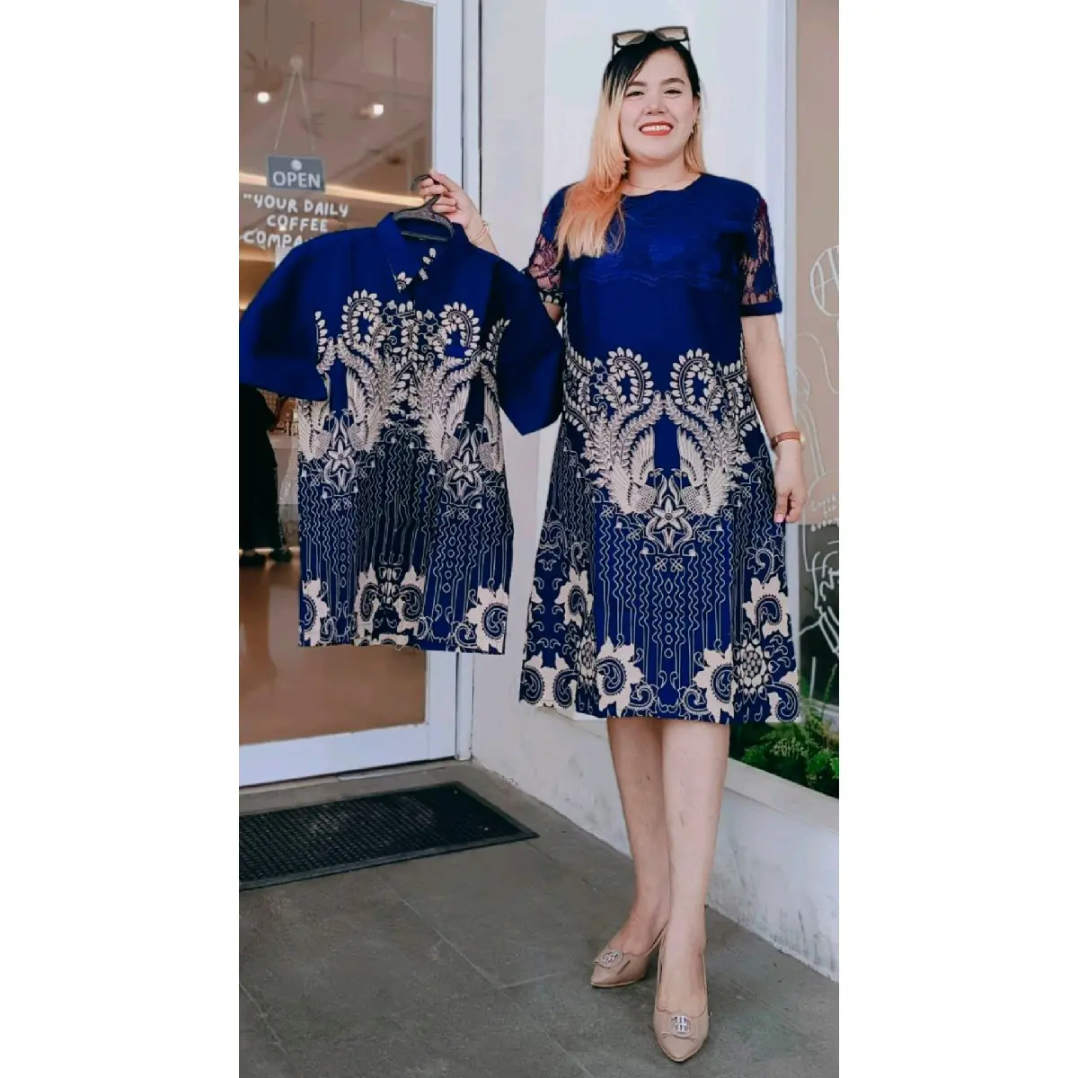 COUPLE DRESS BATIK KOMBINASI BROKAT NAVY