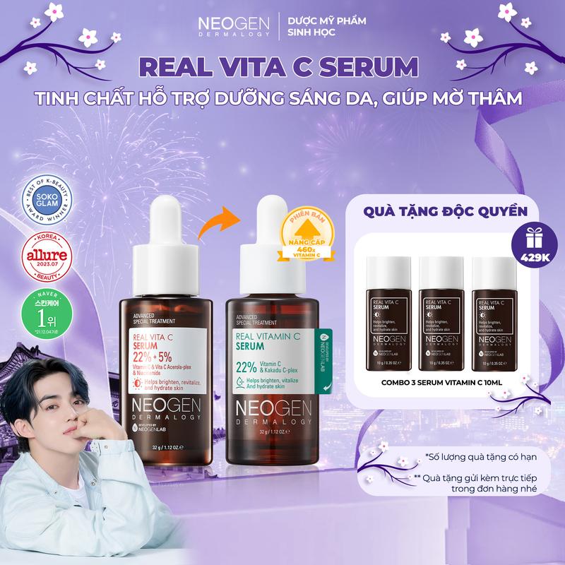 [Super Deal tặng 5 mini serum] Serum Giúp Mờ Thâm, Hỗ Trợ Dưỡng Trắng Da Vitamin C 22% SAP Neogen Dermalogy Real Vita C 32g + tặng 10 sample pad