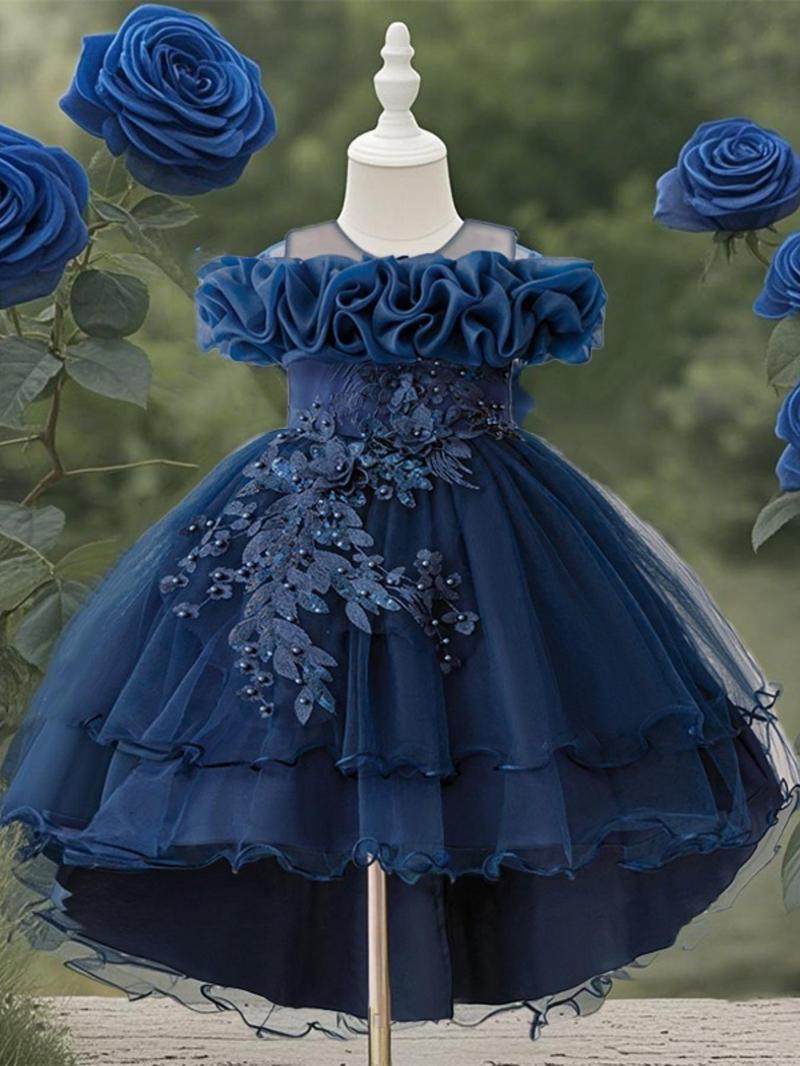 Product Introduction of Girl's Floral Embroidery Sequin Decor Tulle Dress, Elegant Cold Shoulder A Line Dress for Party Performance Wedding Guest, Kids Clothes for Summer 3