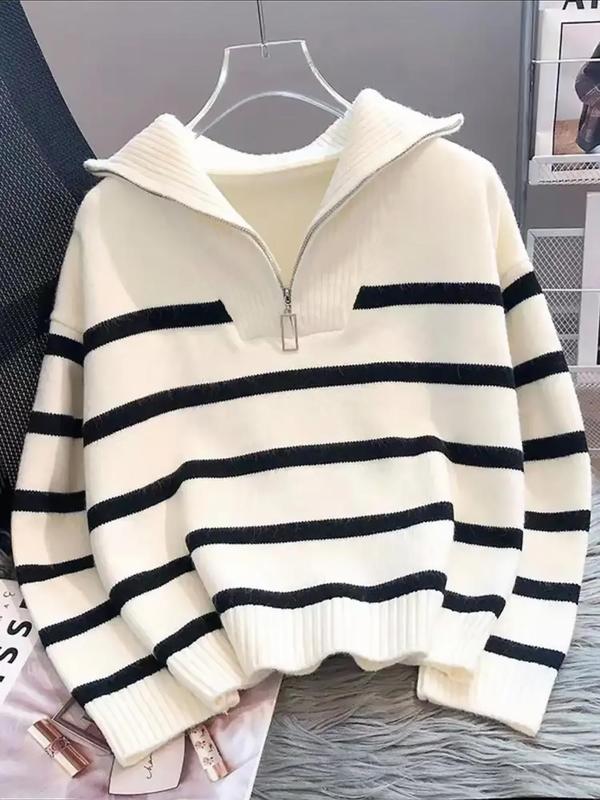 Women's Striped Print Zipper Drop Shoulder Sweater, Casual Pastel Long Sleeve Collared Mam Jumper Striped Sweater for Daily Wear, Women's Knitwear Top for Fall & Winter, Go Out Tops, Trending Clothing Women 0