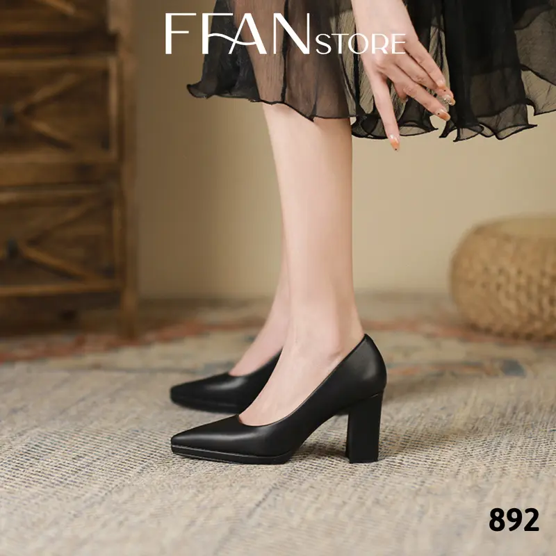 Giày cao gót mũi nhọn đúp đế vuông 8 phân 892 FFANSTORE, bít mũi da mềm mại big size màu đen be trắng đen da lộn 6