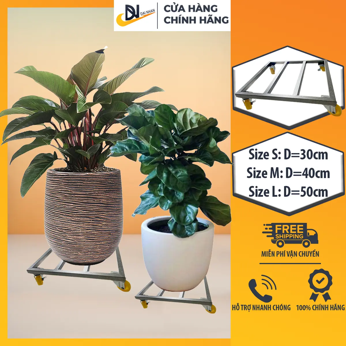 Đế lót chậu cây có bánh xe, đế kê chậu cây Đại Nhân, hình vuông, đường kính 30-50cm, bánh xe có khoá