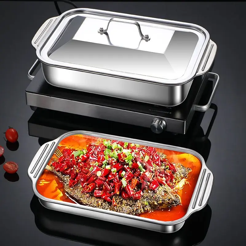 Khay Nấu Ăn Inox Sus410 Có Nắp Để Om cá, Nướng Bánh, Nấu Lẩu Đa Năng - Kích Thước 41cm x 24cm x 8cm 0