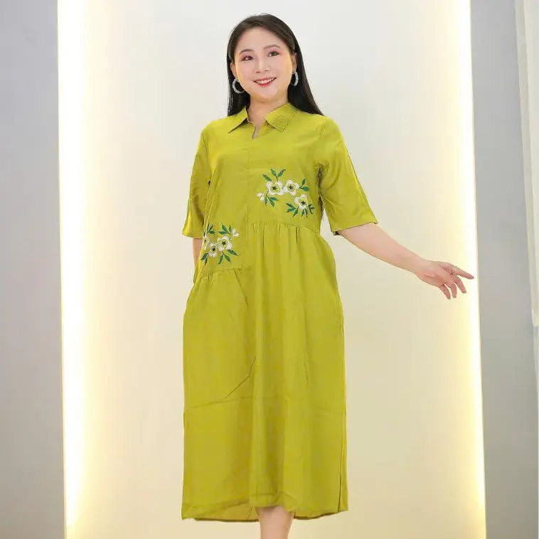 Mã BH40 – Đầm Bách Hoa trung niên, cổ sơ mi không chân xẻ V, tay ngắn, dáng xòe lệch tầng, thêu hoa 5D,  che khuyết điểm tốt 7