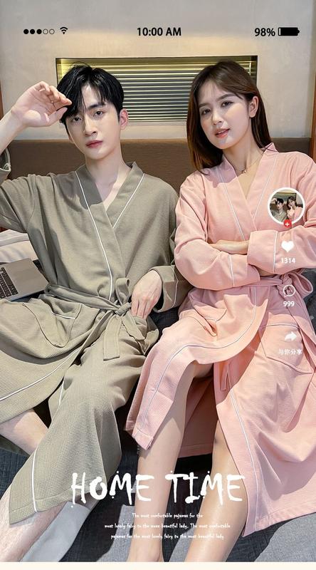 Product Introduction of Four Seasons Nightgown for Men and Women Spring and Summer Couple One Male and One Female Hotel Beauty Salon Waffle Pure Cotton Bathrobe 1