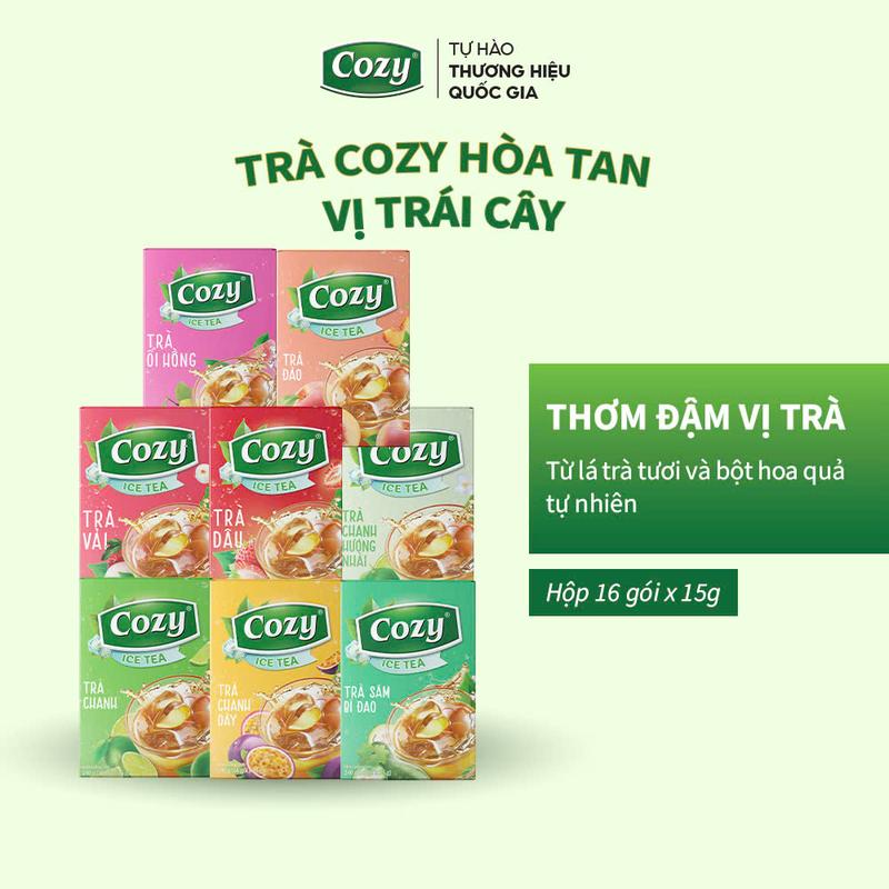 Combo 8 Trà Hòa Tan Cozy Tea Gồm Các Vị Trà Đào, Dâu, Vải, Chanh Dây, Trà Chanh, Sâm Bí Đao, Trà Chanh Hương Nhài, Ổi Hồng Nước Trà Thơm, Chè Sạch Tươi Nguyên Chất (Hộp 16 Gói)