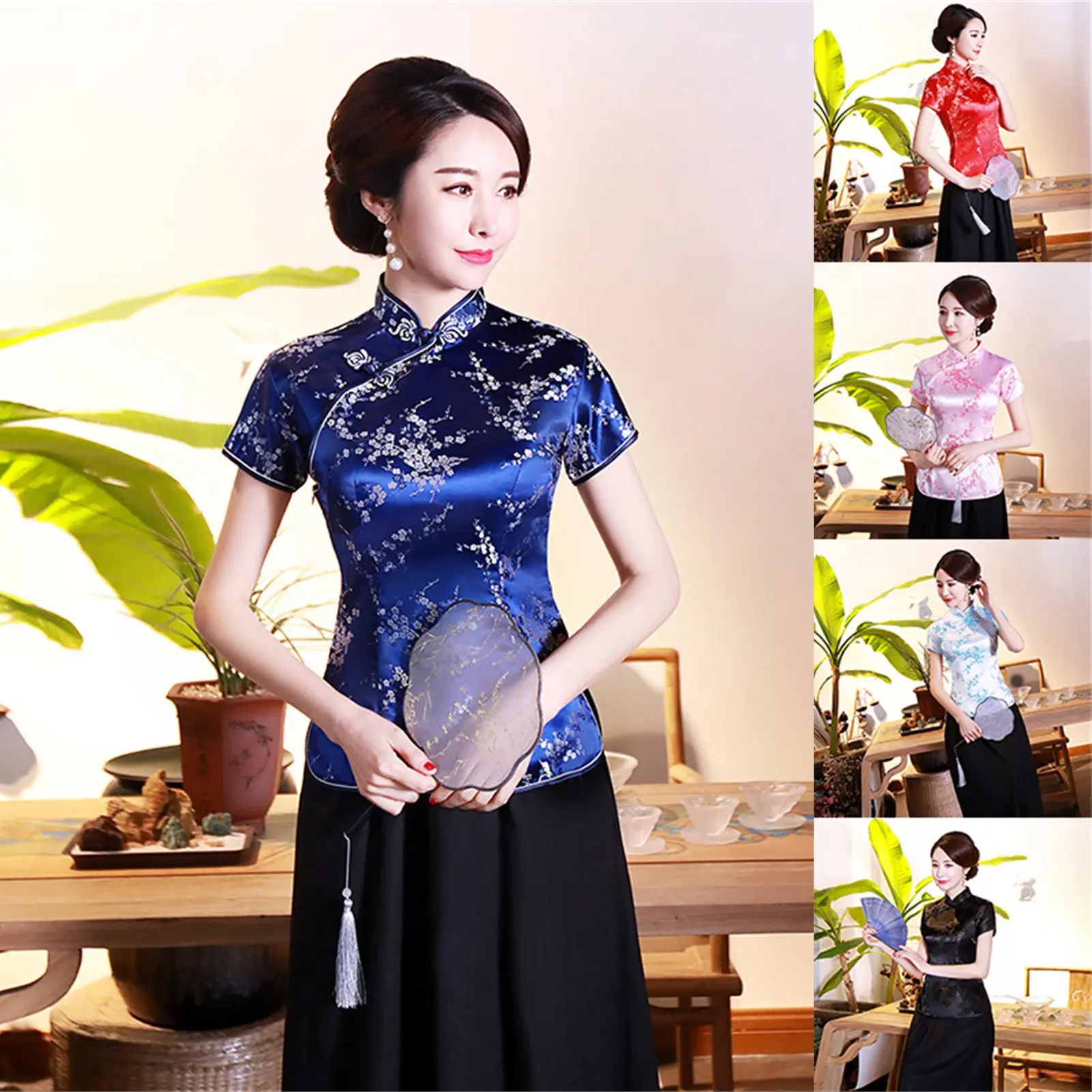 Áo Sườn Xám Phong Cách Trung Quốc Cho Nữ, Áo In Hình Mận, Khóa Tinh Tế, Cổ Đứng, Cho Đám Cưới, Mùa Hè Và Mùa Thu