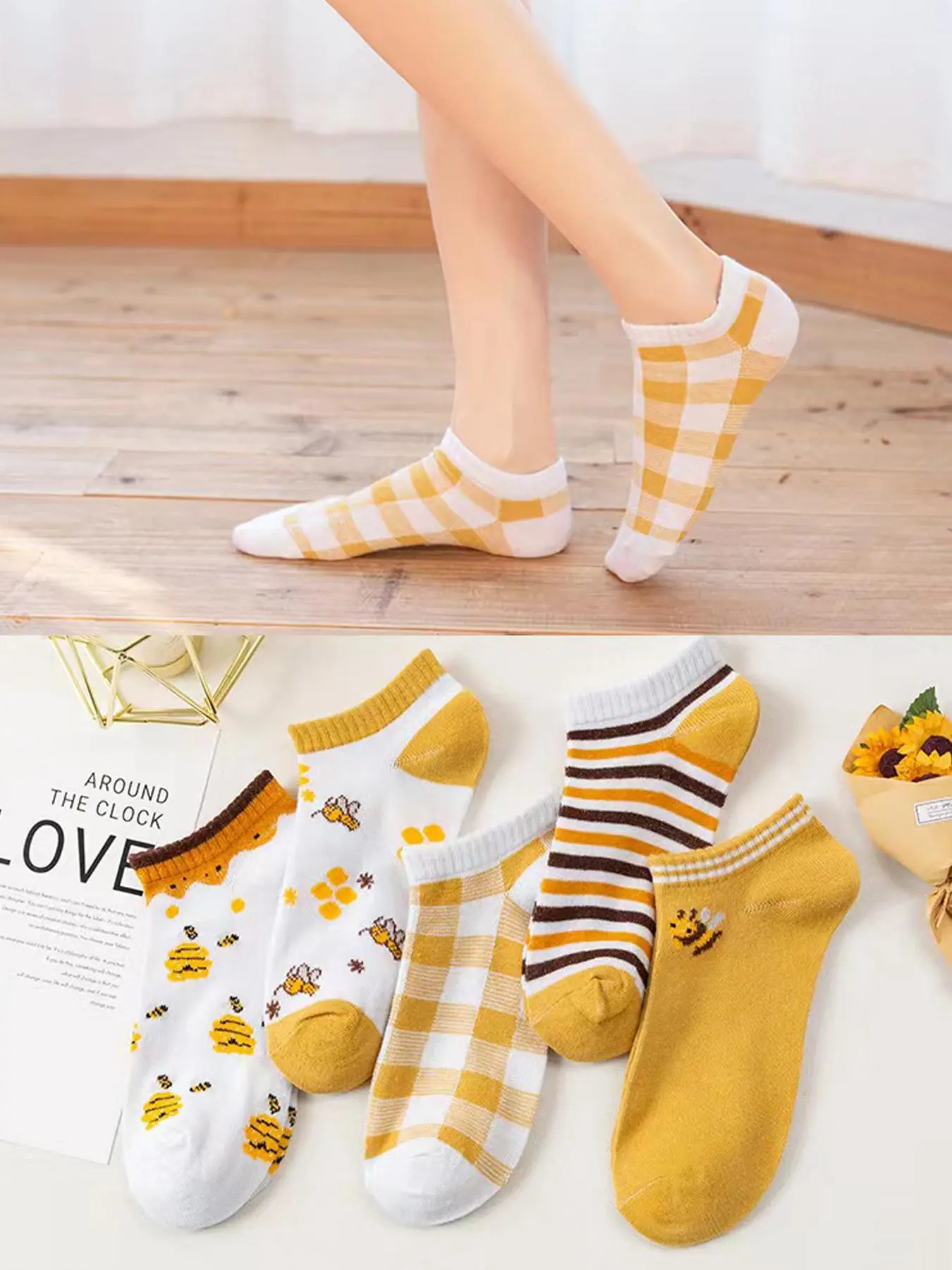 Summer Women's 5 Pairs Cartoon Casual Striped Plaid Print Ankle Socks, Thin Knit Crew Socks, Multi-pack Comfy Breathable Low Cut Socks for Women, Women's Socks & Hosiery