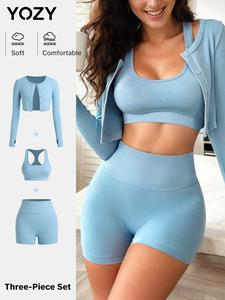 YOZY Women's Solid Cut Out Crop Tank Top & High Waist Shorts & Open Front Long Sleeve Outerwear Set, Casual Fashion Three-piece Outfits for Daily Outdoor Wear, Ladies Clothes for All Seasons