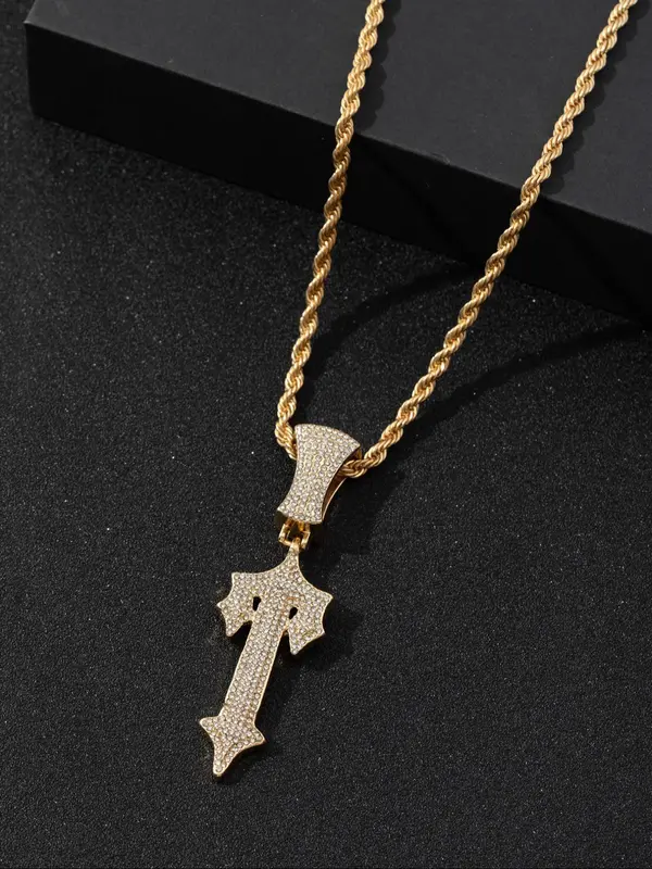 Men's Hip Hop Style Cross Pendant Necklace, Rhinestone Decor Cuban Chain Necklace, Punk Style Jewelry for Party, Daily Decor for Boy 0