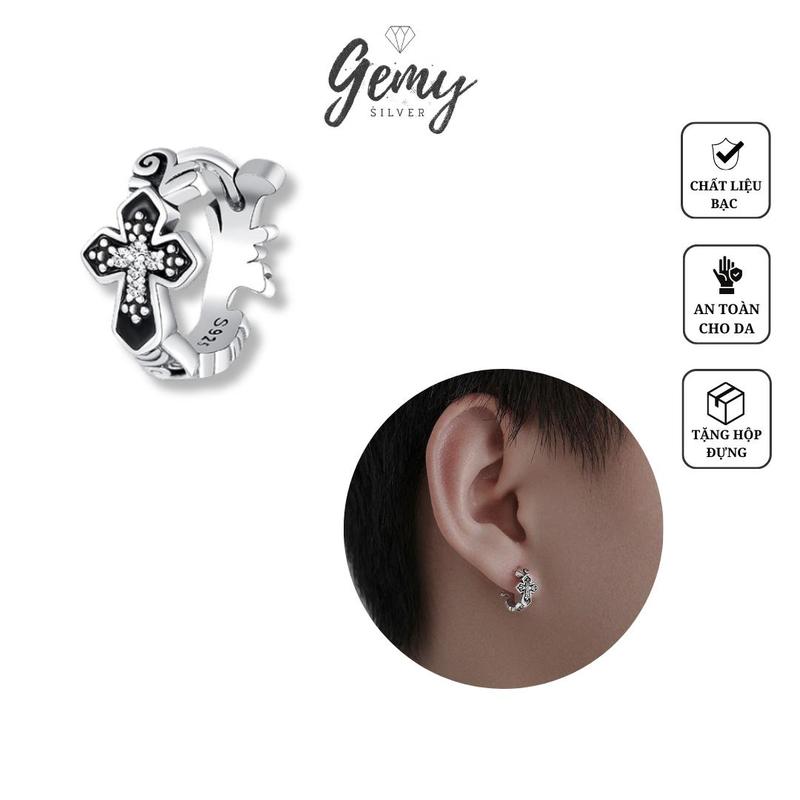 Khuyên tai nam tròn bạc thái hình chữ thập thánh giá đính đá (1 chiếc) | GEMY SILVER KN108