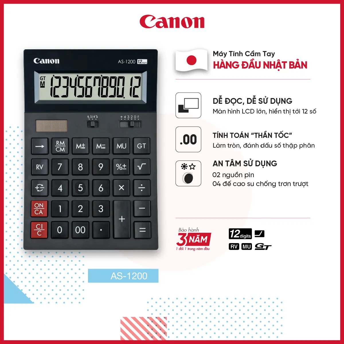 Máy Tính Để Bàn Canon AS-1200 | Hiển Thị 12 Số | Màn Hình Cong Dễ Quan Sát | Màn Hình LCD Phân Giải Cao | Chức Năng Đảo Ngược maytinh chinhhang math calculators digital