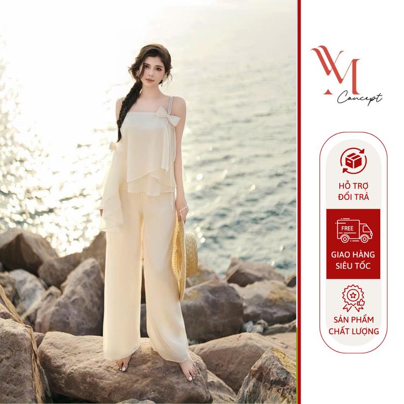 Sét Váy Đi Biển Nữ Áo 2 Dây Đính Nơ và Quần Ống Rộng YM Concept D0887 - Voan Tơ, Be, S/M/L - Women, Top