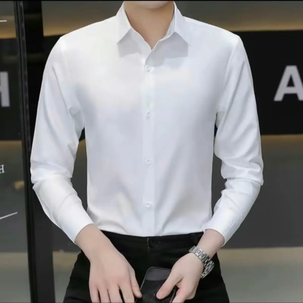 Áo sơ mi nam tay dài lụa trơn chống nhăn chống xù form ôm co giãn nhẹ Menswear