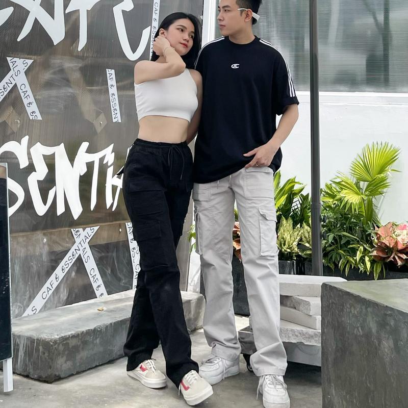 Quần túi hộp kaki Nam Nữ ống đứng có dây rút eo, quần Cargo Pant chất vải khaki dày mềm mịn co giãn nhẹ Menswear Thun  Màu Đen quần  ống