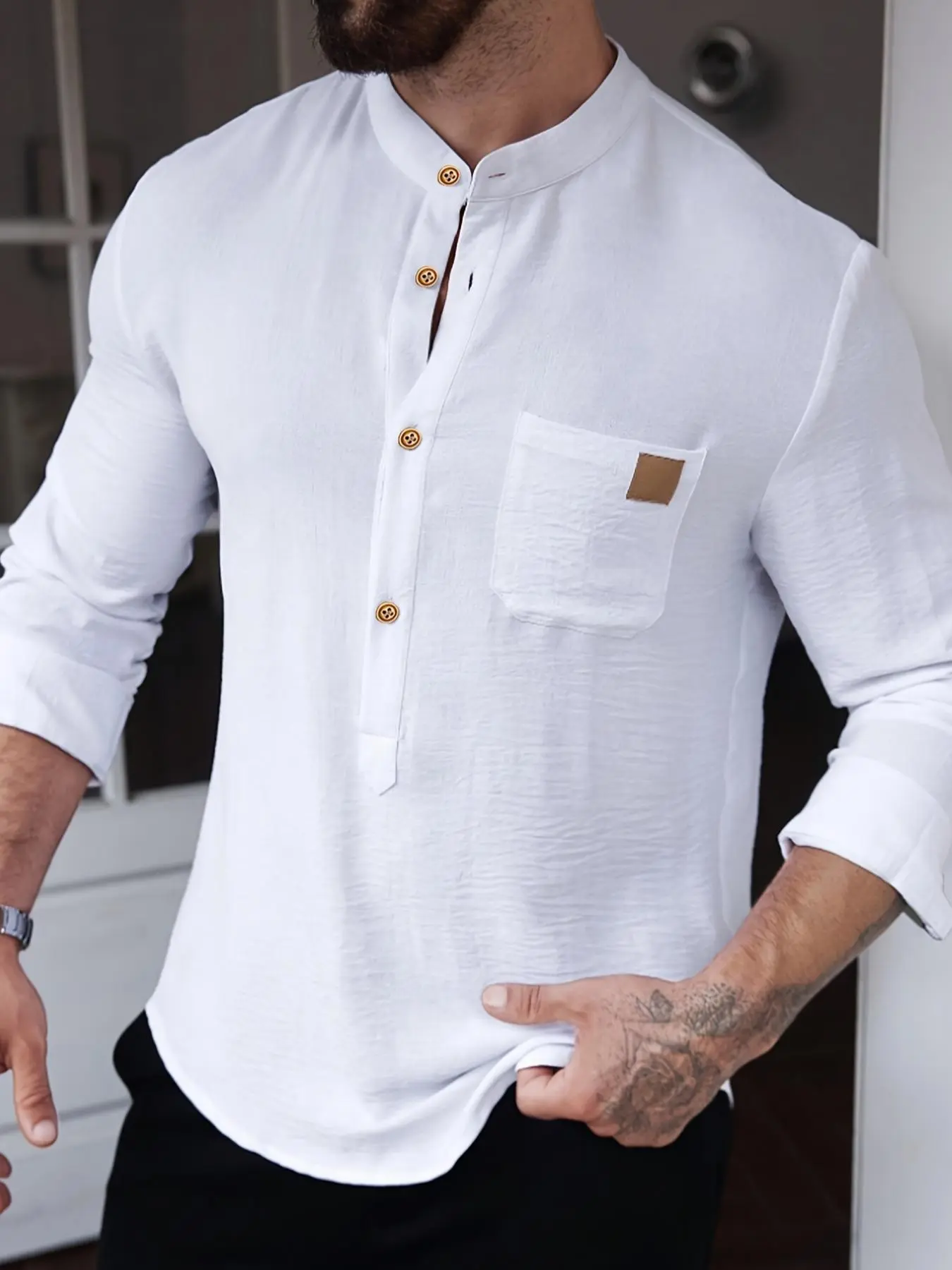 Men's  Solid Color Patched Button Front Long Sleeve Henley Shirt, Regular Fit Casual Comfy Chest Pocket Design Mock Neck  Top for Summer, Fashion Men's Clothes for Daily Wear