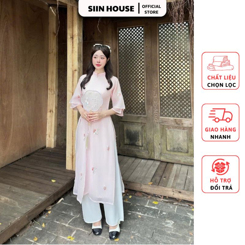 Sét áo dài cách tân xẻ tà đính ngọc + quần lụa màu: Be, Hồng, Đỏ mặc Tết, đám cưới, đi tiệc, chụp ảnh, đi chùa, đi Lễ Nữ Women