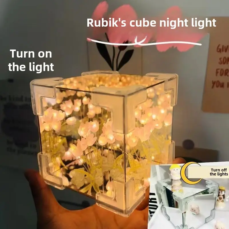 Bộ đèn ngủ tự làm, Thiết kế hoa tulip, Thủ công gương khối lập phương 3D, với hiệu ứng Vườn hoa nở, Trang trí phòng ngủ lãng mạn thủ công, Quà tặng sinh nhật sáng tạo cho bạn gái / Vợ, bao gồm đèn dây LED và lắp ráp câu đố 2