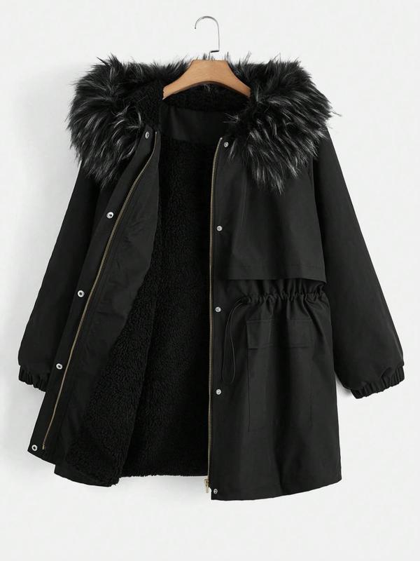 【Plus Size】 Women's Solid Color Jacket, Casual Long Sleeve Fuzzy Trim Coat for Fall & Winter, Women's Clothing for Daily Wear 0