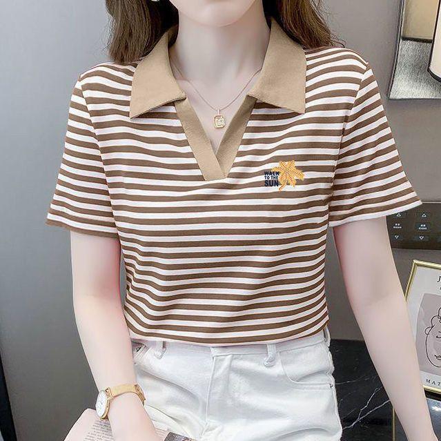 Áo Phông, Cổ Polo Sọc Nữ, ngắn Tay, Thời Trang Mới Cá Tính, Khâu Màu Tương Phản, Phong Cách Phương Tây, Dễ Phối Đồ, Thích Hợp Cho Mùa Hè, Áo Phông Thường Ngày Top Women 3