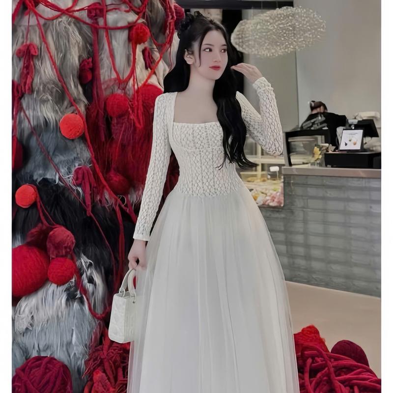 Đầm váy nữ len ren phối tùng lưới cổ vuông dài tay dáng dài xòe xinh xắn sang chảnh dành cho các nàng diện đi chơi,đi tiệc.  Women top 1