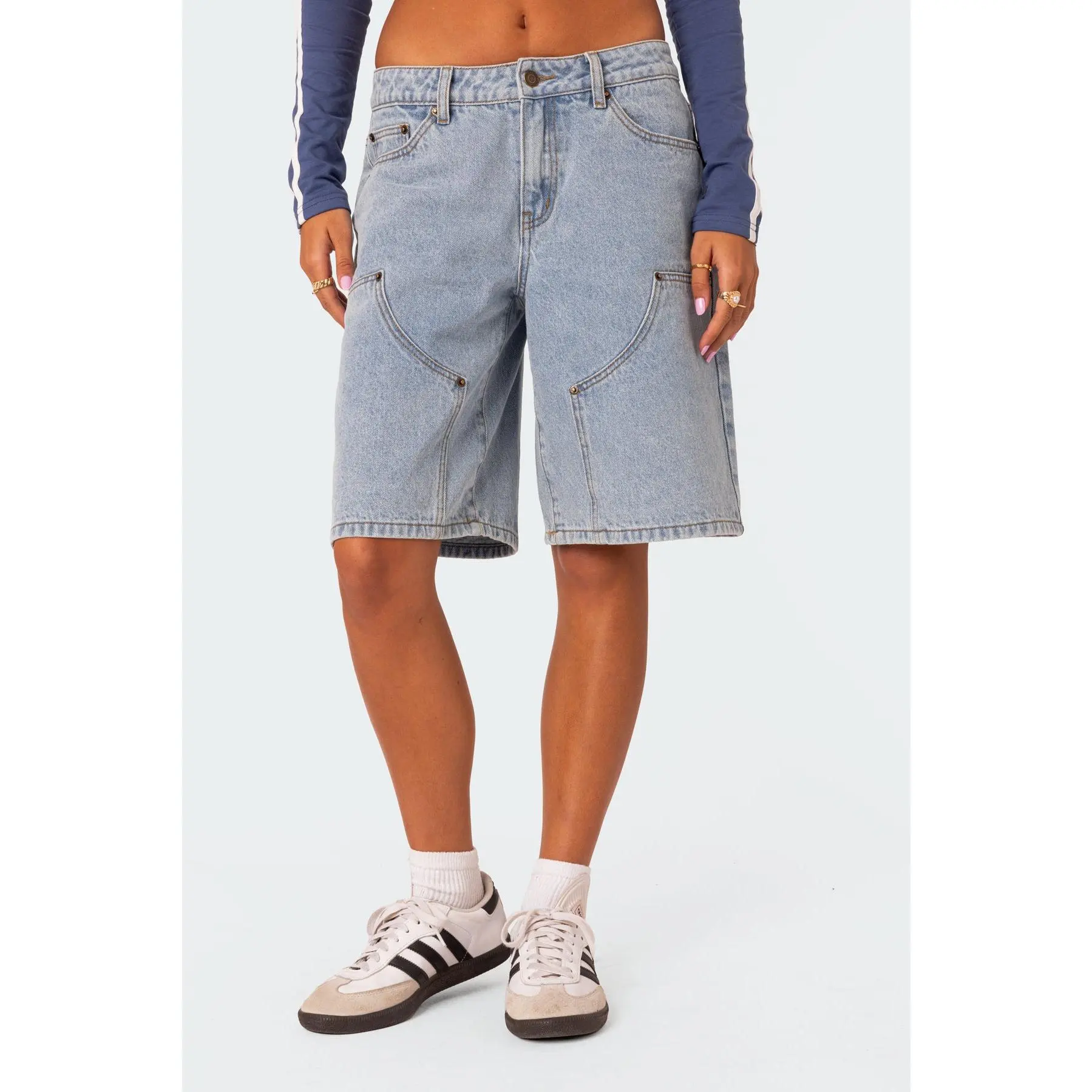 Y2k Loose Denim Bermuda Shorts for Women Low Rise Wide Leg Knee Length Oversized Fit Summer Jeans Shorts