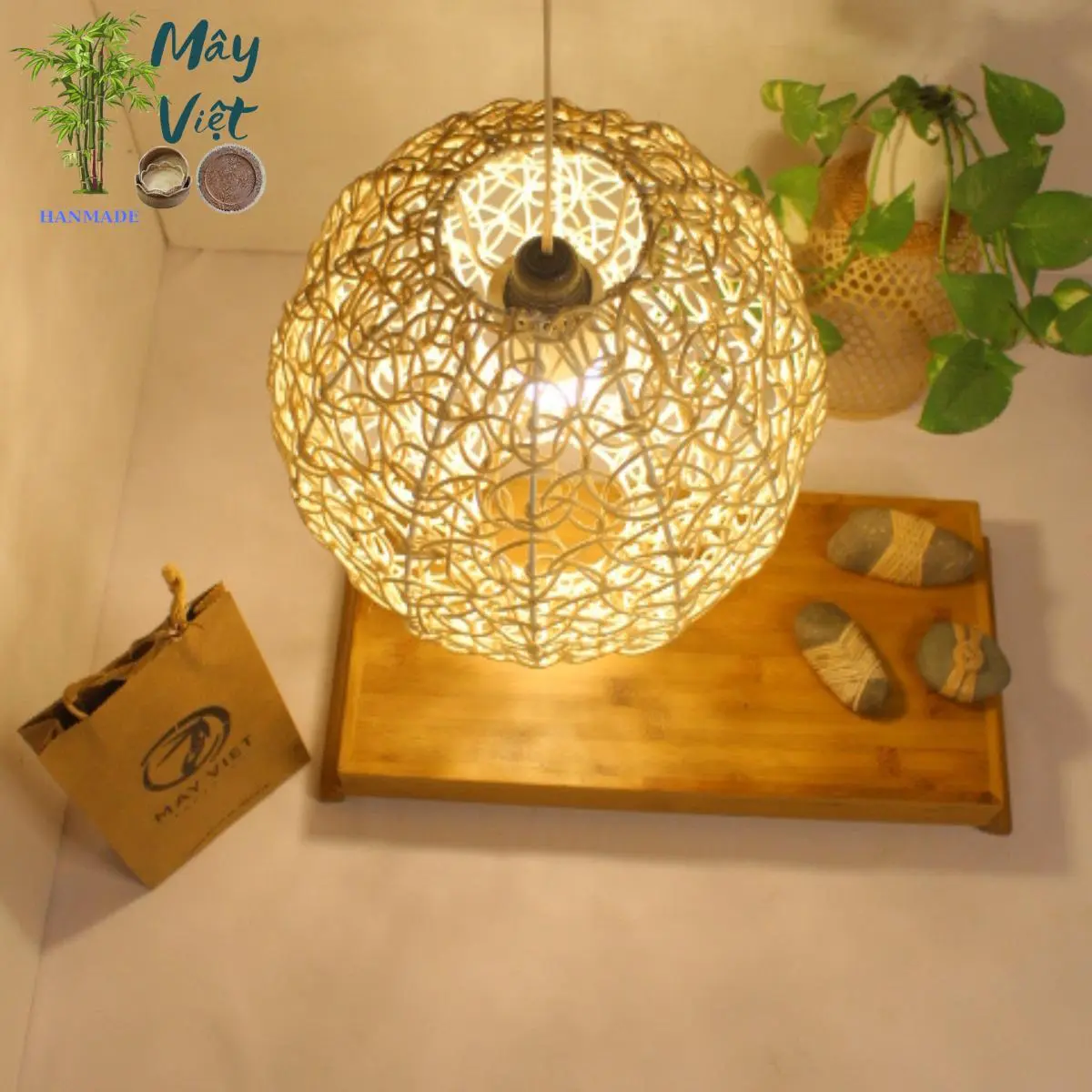 Đèn lồng mây tre đan (ĐL05) tặng kèm đui đèn + bóng đèn led 5w trang trí quán Cafe, nhà hàng, khách sạn
