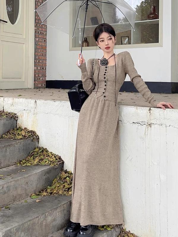 Set Váy Len Gồm Áo Dài Tay, Cổ Vuông Có Nút Và Chân Váy Dáng Dài Hàng Quảng Châu Cao Cấp Nữ Women