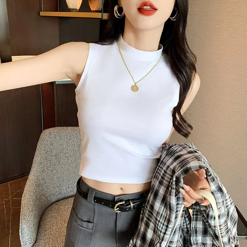 Cool White Sleeveless Top for Women, Perfect for Layering or Wearing Alone Unique High Neck Crop Top with Design Details for Summer