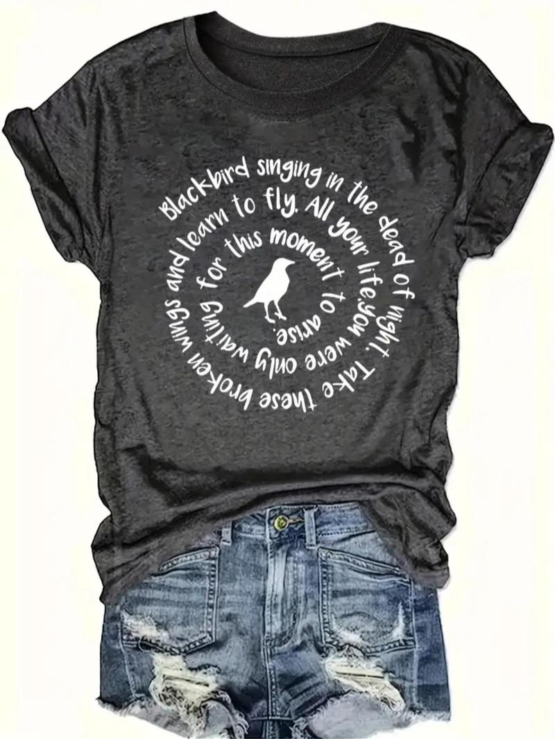 Product Introduction of 【Plus Size】 Letter Print Round Neck Graphic Tee, Fashion Casual Crew Neck Short Sleeve T-shirt for Daily Outdoor Wear, Women Plus Clothing for Summer 1