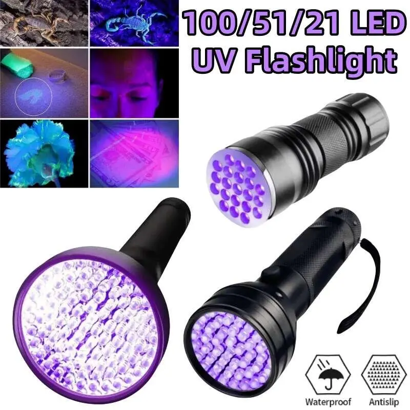 100/51/21 LED Flashlight 395nm Waterproof Violet Light Portable Ultraviolet Torch Pet Urine Scorpion Detector UV Lamp