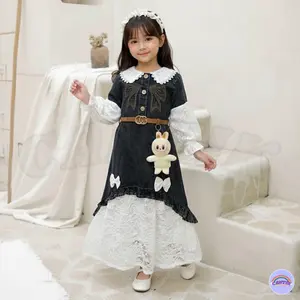 Dress Gamis Jeans Import Lengan Panjang Brokat Belt Anak Perempuan Usia 2 - 13 Tahun Fashion Lebaran Viral