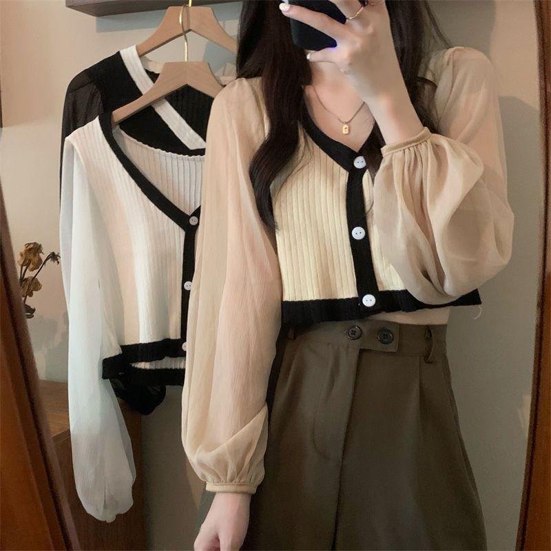 Áo Cardigan Tay Áo Đèn Lồng Lưới Cho Nữ, Áo Dệt Kim Dài Tay Cổ Chữ V, Áo Ngắn, Mùa Xuân Và Mùa Thu Top