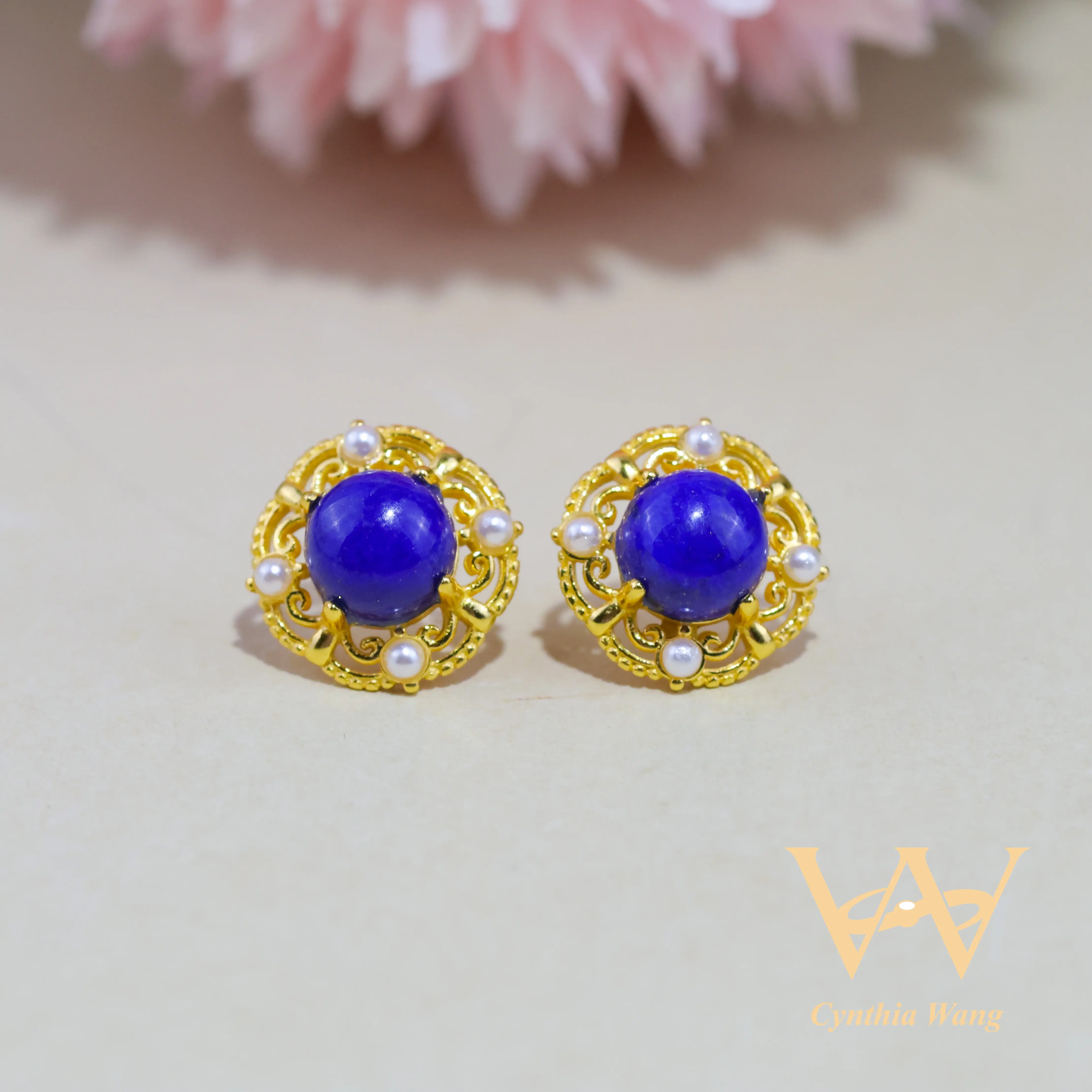 【#1692】Cynthia Wang 'Vintage Glamour' Ear Studs Earrings 6mm LL