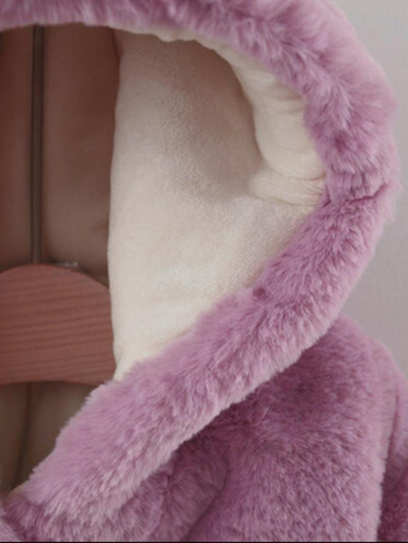 Product Introduction of Baby Girl's Cartoon Rabbit Embroidery Fuzzy Hooded Coat with Bag, Cute Long Sleeve Button Front Outerwear for Fall & Winter, Newborn Infant Kids Clothes 4