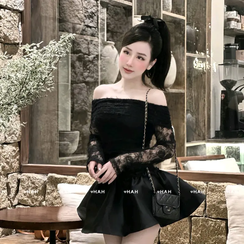 Váy Ren Lưới Trễ Vai Tay Dài Tiểu Thư Siêu Xinh.Hàng Thiết Kế Nữ Women Dress chỉ giặt tay đỏ hồng vaydodonnoel 5