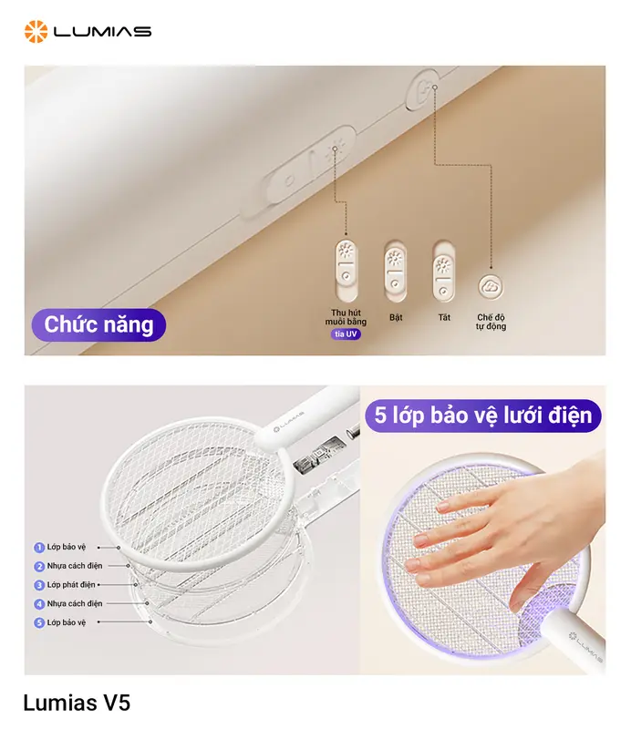 Vợt muỗi có đèn UV Lumias V5 - Lưới bảo vệ 5 lớp vot muoi 3