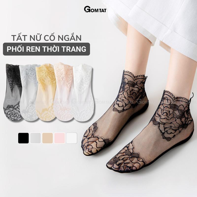 Vớ nữ cổ ngắn phối ren GOM TẤT cao cấp, Tất nữ cổ ngắn chất liệu sợi cotton mềm mịn, thoáng khí khử mùi, phong cách gợi cảm, Voi, Women D16-A070-1DOI