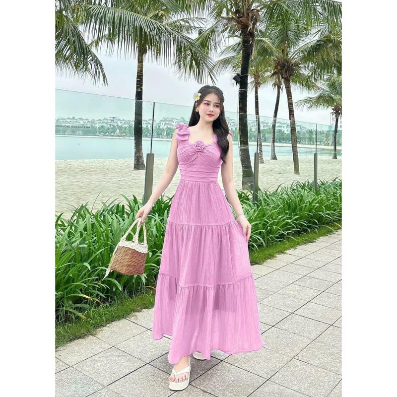 Đầm nữ thời trang thiết kế chất tằm gẫy có lót đầm dài xòe áo dây nơ đính hoa xinh , dịu dàng nữ tính 4
