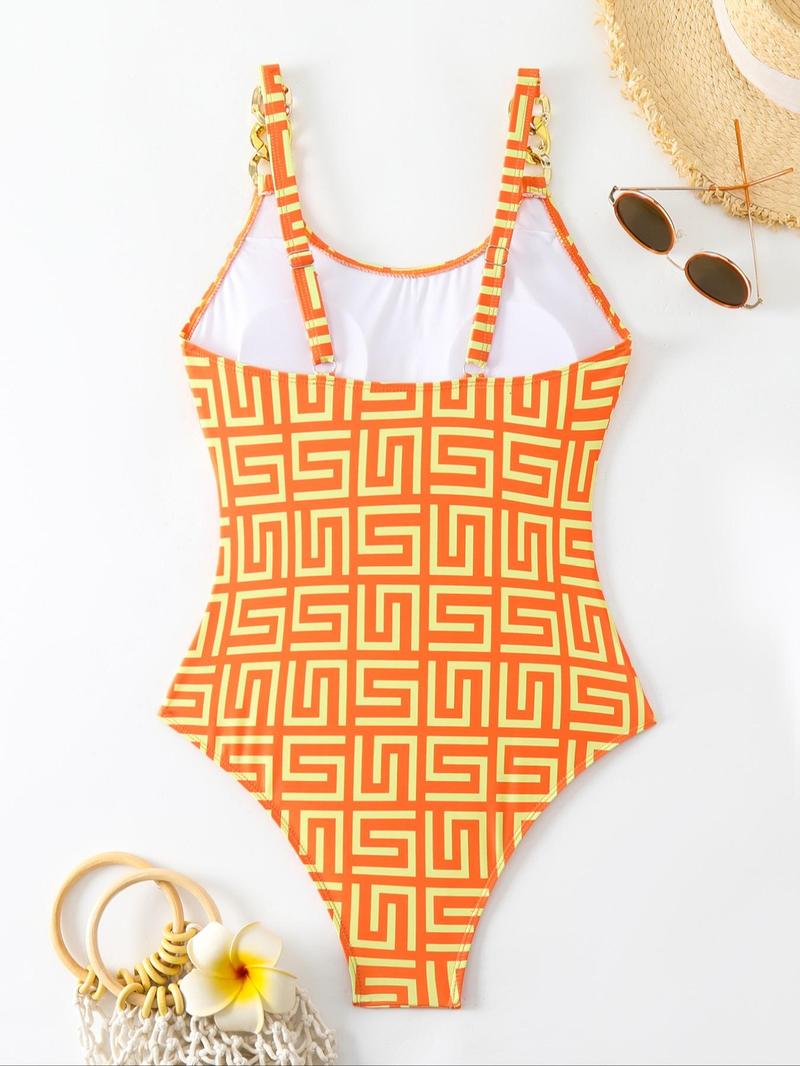 Product Introduction of Women's Geometric Print Ring Linked One-Piece Swimsuit, Boho Sleeveless Adjustable Straps Swimwear, Women's Summer Swimsuit 13